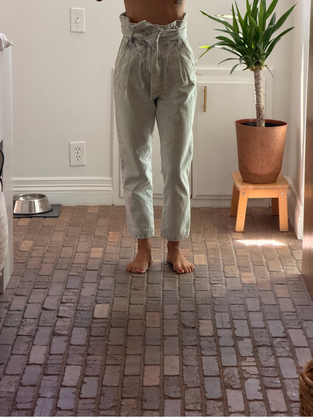 Sezane High-Waist Paperbag Chinos in Light Sage
